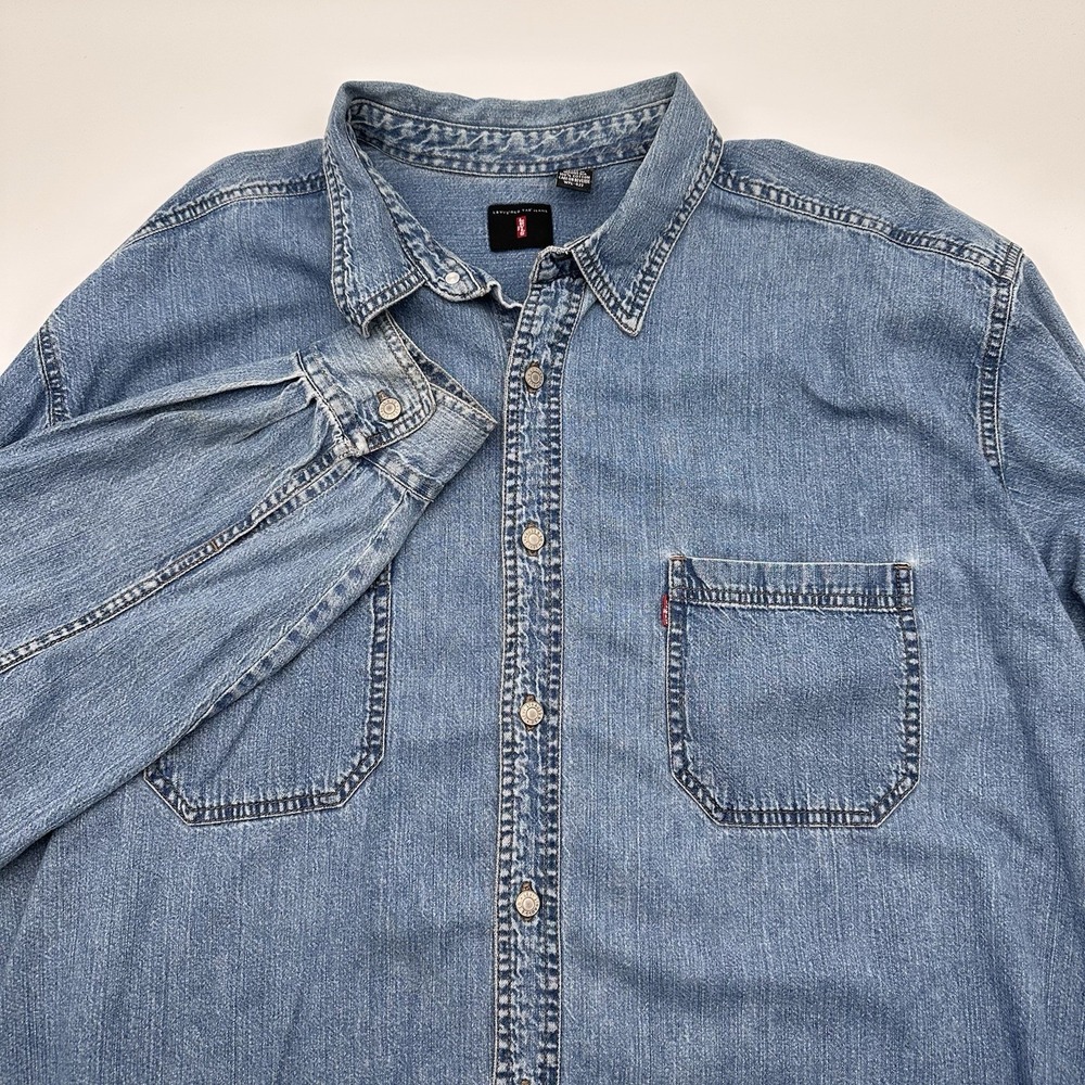 Levis Denim Shirt Mens 2XL Blue Metal Button Front Red Tab Pockets Y2K Vintage